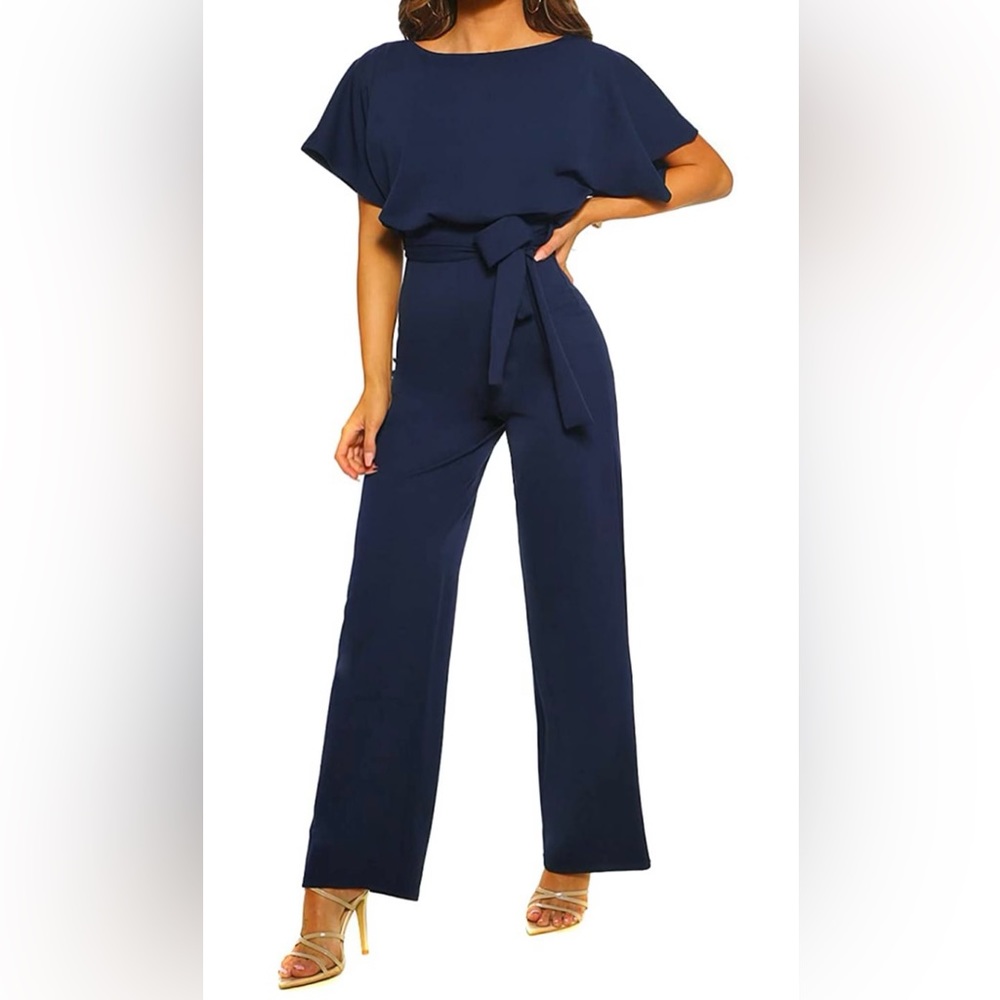 M Navy blue jumpsuit with tie around waist,  zipper on side